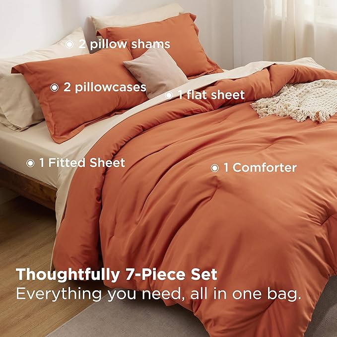 Bedsure Full Size Comforter Set - 7 Pieces Burnt Orange Full Bedding Set for All Seasons, Boho Contrasting Design Bed in a Bag with Comforter, Sheets, Pillowcases & Shams