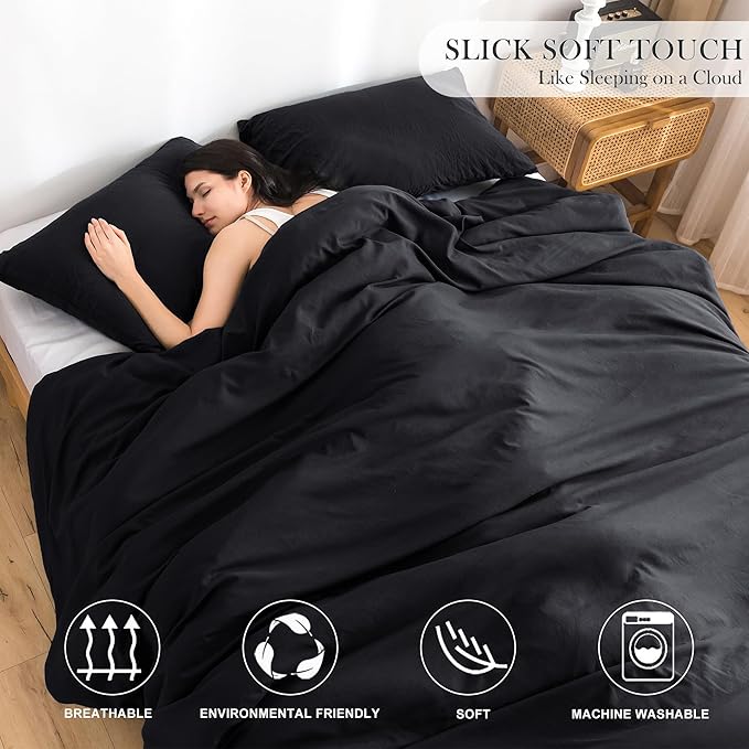 COTTEBED Solid Chic Black Comforters Sets Queen Size Bedding - 3 Pieces Lightweight Silky Soft Cozy Washed PolyCotton Microfiber - 1 Down Alternative Conforter with 2 Pillow Sham All Season,Queen/Full