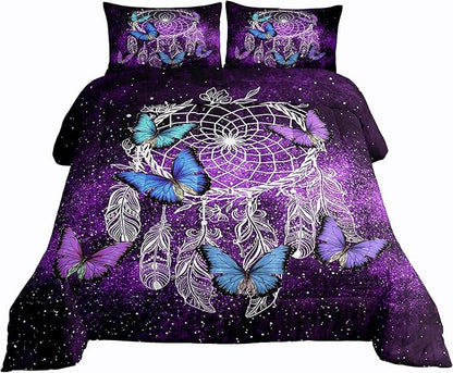 Butterfly Dream Catcher Comforter Set for Kids Teens Girls, Mandala Feather Bedding Down Comforter Queen Size, Bohemian Duvet Insert, Galaxy Theme Luxury Microfiber Quilt for Girly Woman, Purple