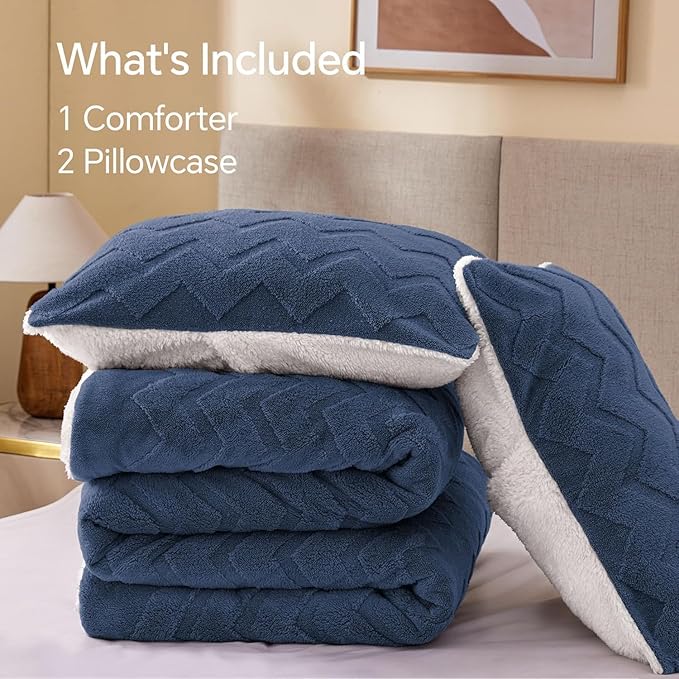 BEDELITE Fluffy Full Size Comforter Set - Super Soft Sherpa Navy Comforter for Full Size Bed, Luxury Warm Bedding Set for Winter, Fuzzy Bed Set 3 Pieces (1 Comforter, 2 Pillowcases)
