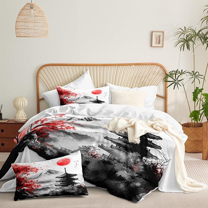 Japanese Style Botanical Comforter Set Twin Size, 2 Pieces Classical Architecture Art Painting Lightweight Summer Comforter with 1 Pillow Case, Ultra Soft Microfiber Bedding Set(68" X 86")