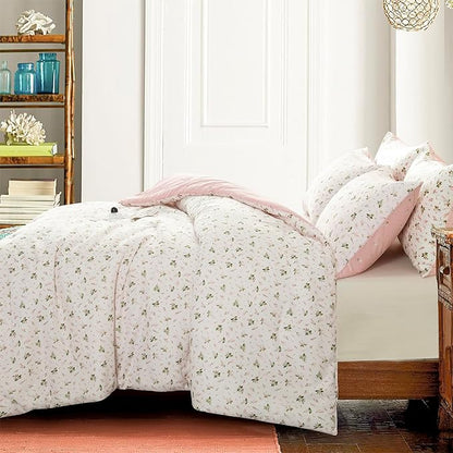 Floral Comforters Queen Size 3 Pieces Soft Cute Floral Bedding Comforter Sets Garden Style Pink Flower Print Botanical Flowers Comforter Set for All Seasons 1 Comforter and 2 Pillowcases