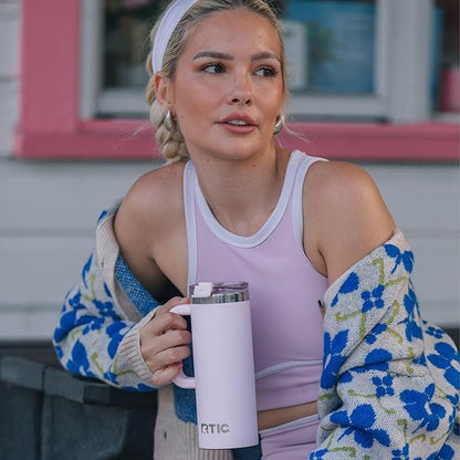 RTIC 20oz Road Trip Travel Mug with Lid and Handle, Ceramic Lined, Insulated, Stainless Steel, Metal, Double Wall Vacuum-Insulation, Portable Coffee, Tea Cup for Hot and Cold Drink, Pale Pink