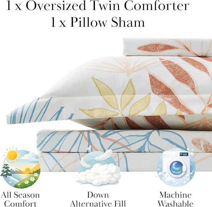 Southshore Fine Living, Inc. 2-Piece Twin Bed Set, All Season Comforter with 2 Pillow Sham, Comfy Microfiber Fabric, Down Alternative, Matches Home Decor, Twin/XL Bedding Sets, Tropical Leaf Cream