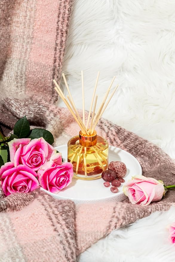 Crystal Infused Reed Diffuser, 4 OZ, Sensual - Strawberry Quartz Crystal Infused - Scents of Star Anise, Rose, Sichuan Pepper & White Musk - Valentine's Day Gift