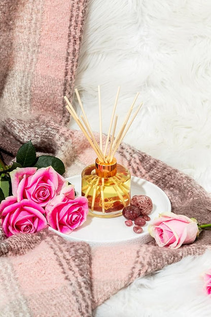 Crystal Infused Reed Diffuser, 4 OZ, Sensual - Strawberry Quartz Crystal Infused - Scents of Star Anise, Rose, Sichuan Pepper & White Musk - Valentine's Day Gift
