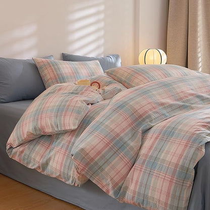 HighBuy Full Comforter Set Blue Pink Plaid Bedding Comforter with 2 Pillowcases for Women Girls Geometric Checkered Pattern Gingham Comforter Set Fluffy Soft Lightweight Bedding Comforter Full