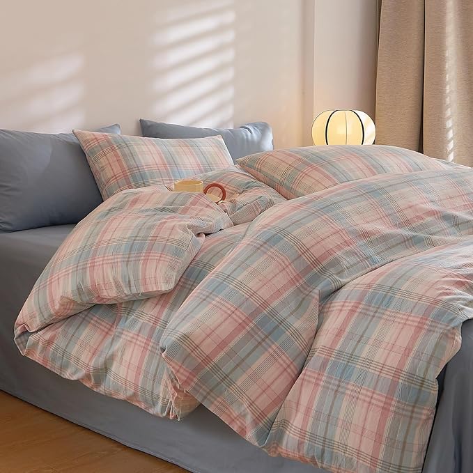 HighBuy Blush Blue Plaid Comforter Set Queen Size Gingham Grid 3 Pieces Vintage Checkered Pattern Comforter Buffalo Plaid Comforter Set with 2 Pillowcases,Soft Farmhouse Grid Bedding Set