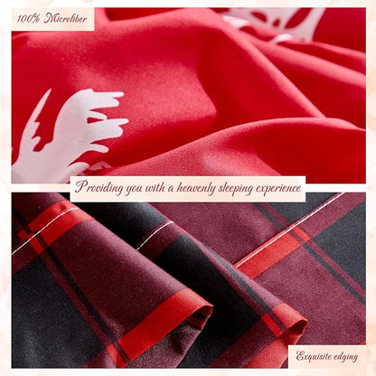 Christmas Bed in a Bag 7 Pcs King Size, White Deer Snowflake and Xmas Tree on Red Bedding Comforter Set Warm for Winter(1 Comforter, 1 Flat Sheet, 1 Fitted Sheet, 2 Pillow Shams, 2 Pillowcases)