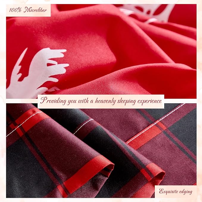 Christmas Bed in a Bag 7 Pcs Queen Size, White Deer Snowflake and Xmas Tree on Red Bedding Comforter Set Warm for Winter(1 Comforter, 1 Flat Sheet, 1 Fitted Sheet, 2 Pillow Shams, 2 Pillowcases)