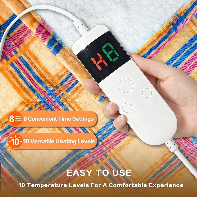 Electric Blanket Heated Throw, Soft Flannel 50"x60" Plaid Heating Blanket with 8 Hours Auto Off 10 Fast Heating Levels Machine Washable Sherpa Heated Blanket with Overheating Protection