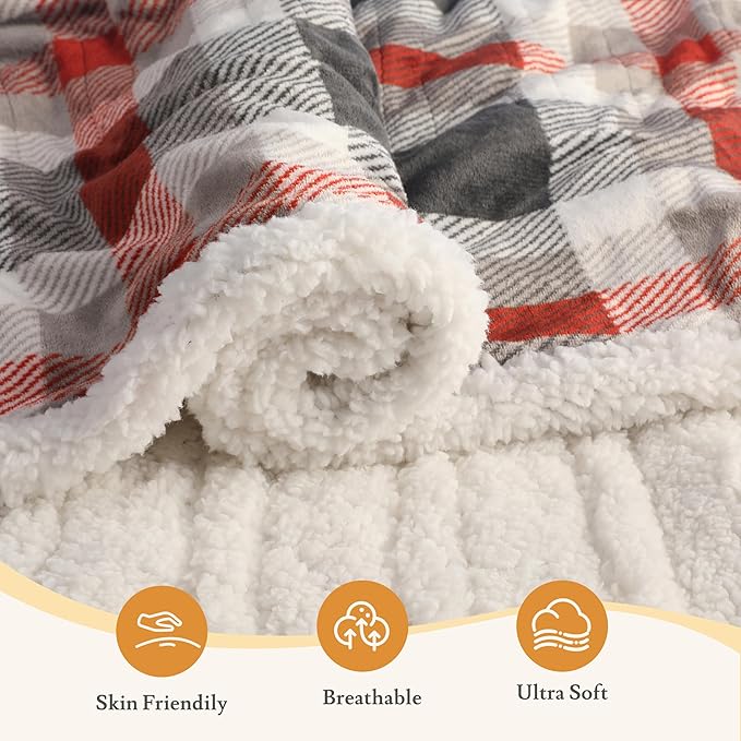 Electric Heated Blanket 72"x84" Full Size Flannel & Sherpa - 4 Heat Settings & 10H Auto Shut Off, Fast Heating, Machine Washable for Bed, Couch, Office - Black and Red Checkered Pattern
