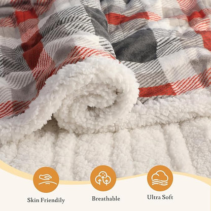 Electric Heated Blanket 72"x84" Full Size Flannel & Sherpa - 4 Heat Settings & 10H Auto Shut Off, Fast Heating, Machine Washable for Bed, Couch, Office - Black and Red Checkered Pattern