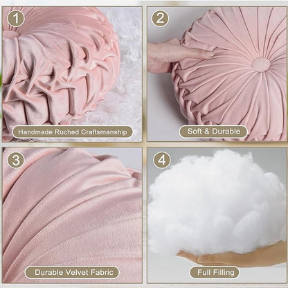 HIG Set of 2 Pink Ruched Velvet Round Throw Pillows – 14.5’’ Decorative Pillows with Soft Polyester Filling for Couch, Bed, Living Room, Bedroom, or Dorm – Handmade, Stress Relieving, All-Season