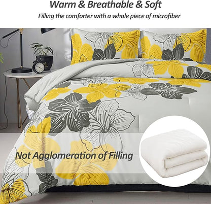 Menghomeus King Comforter Set Yellow Floral and Grey Bedding, Soft Microfiber Bedding Lightweight Boho Bed Comforter Set for All Season (1 Comforter, 2 Pillowcases)