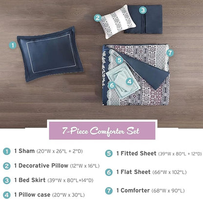 Intelligent Design Complete Bed In A Bag Casual Boho Comforter with Sheet Set Decorative Pillow, All Season Bedding Set, Twin XL, Loretta Navy 7 Piece