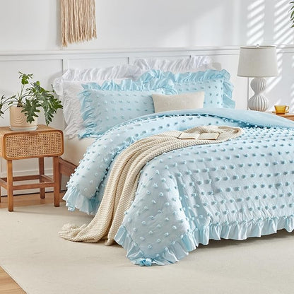 Flysheep Tufted Dots Ruffle Comforter Set Twin Size, 3 Pieces Blue Vintage Farmhouse Shabby Chic Comforters, Jacquard Boho Bohemian Bedding Set for Kids (1 Ruffled Comforter+ 2 Pillow Shams)