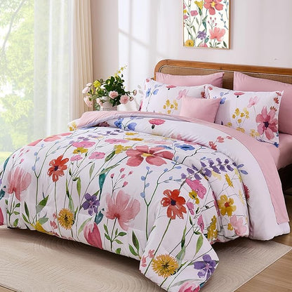 Annibedding Pink Floral King Size Comforter Set, 8 Piece Soft Microfiber Flower Bed in a Bag Bedding Set with Pillowcase and Sheets for All Season (Pink,90"x104")