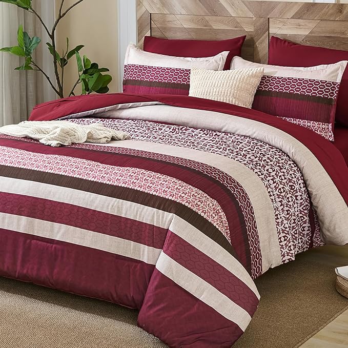 DJY Boho Comforter Set Queen Size,7 Pieces Bed in a Bag Burgundy Red Striped Bedding Sets,Patchwork Soft Microfiber Bedding Set for All Season(90"×90")