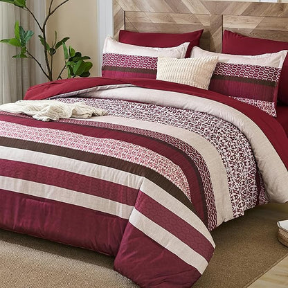 DJY Boho Comforter Set King Size,7 Pieces Bed in a Bag Burgundy Red Striped Bedding Sets,Patchwork Soft Microfiber Bedding Set for All Season(104"x90")