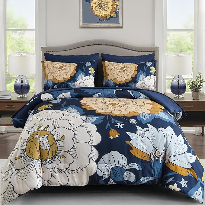 DJY Floral Comforter Set Queen Size Navy Blue Bed in a Bag 7 Pieces Botanical Boho Comforter with Sheet Set, Soft Microfiber Farmhouse Bedding Set for All Season (Navy, 90''x90'')
