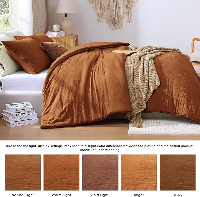WRENSONGE Queen Comforter Set - 3 Pieces Prewashed Burnt Orange Comforter Soft Lightweight for All Seasons, Fluffy Down Alternative Comforter Queen Size with 2 Pillow Shams