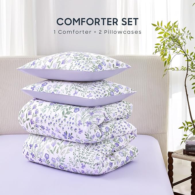 Wake In Cloud - Floral Comforter Set, Farmhouse Cottagecore Style with Romantic Garden Wildflowers and Leaves Pattern, Soft Lightweight Bedding, 3 Pieces, Purple White, Queen Size