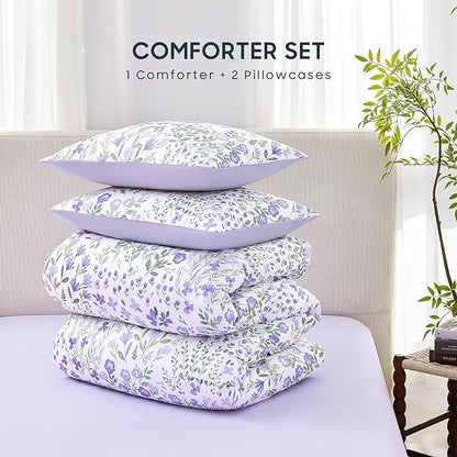 Wake In Cloud - Floral Comforter Set, Farmhouse Cottagecore Style with Romantic Garden Wildflowers and Leaves Pattern, Soft Lightweight Bedding, 3 Pieces, Purple White, Queen Size