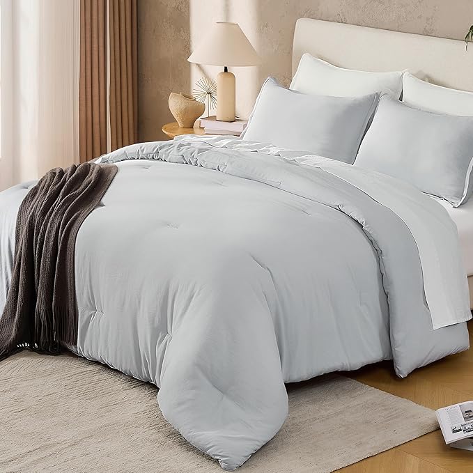 Andency Silver Grey California King Comforter Set, 3 Pieces Cal King Boho Solid Bedding Set, Oversized Fluffy Soft Microfiber Bed Set