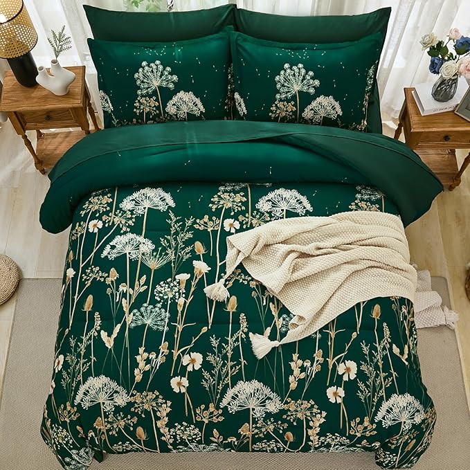 Yiran 7 Piece Comforter Set King Size, Dark Green Dandelion Floral Bedding Set, Botanical Bed in a Bag King, Soft Microfiber Complete Bedding Set with Comforter, Sheets, Pillowcases & Shams