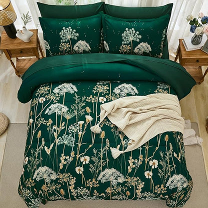 Yiran 7 Piece Comforter Set King Size, Dark Green Dandelion Floral Bedding Set, Botanical Bed in a Bag King, Soft Microfiber Complete Bedding Set with Comforter, Sheets, Pillowcases & Shams