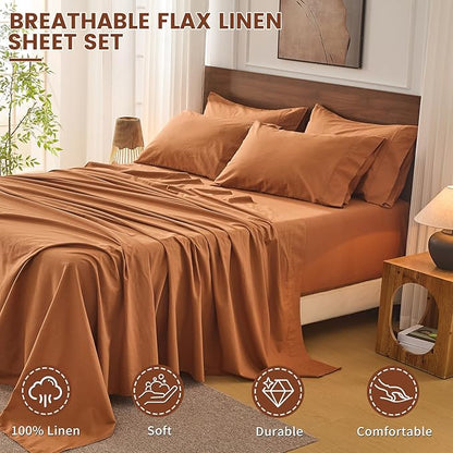 Bedlifes 100% French Flax Linen Sheets Set Queen Size - 6 Piece Extra Deep Pocket 18-24",Soft Breathable Queen Bed Sheets with Temperature Regulating & Moisture-Wicking(Brown