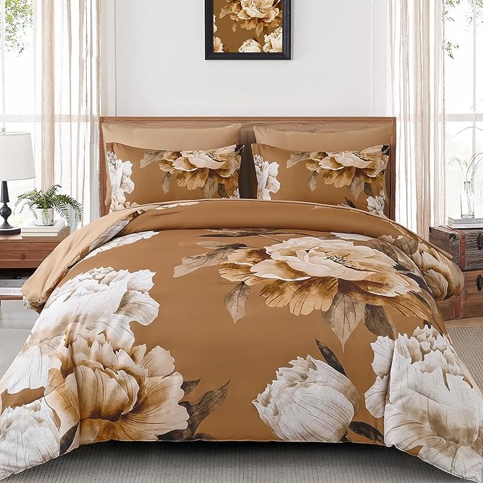 Dobuyly Brown King Size Comforter Set 7 Piece Bed in a Bag, Floral Printed on Brown Comforter Set with Sheets, Soft Microfiber Botanical Fall Complete Bedding Set for All Season