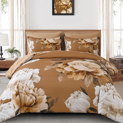 Dobuyly Brown King Size Comforter Set 7 Piece Bed in a Bag, Floral Printed on Brown Comforter Set with Sheets, Soft Microfiber Botanical Fall Complete Bedding Set for All Season
