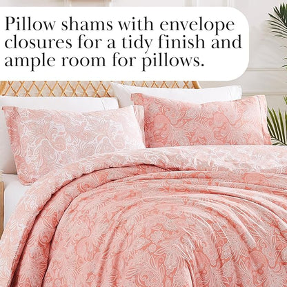 Southshore Fine Living, Inc. Extra Long Twin Comforter, Oversized Bedding Set, Down Alternative Paisley Bedspread, Reversible Bed Comforter, Twin/XL Comforter & Matching Pillow Sham, Coral/White