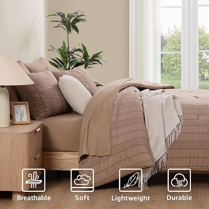 CASAAGUSTO Full Size Comforter Set, 7 Pieces Brown Seersucker Bed in a Bag Full Size Soft All Seasons, Bedding Sets Full with Comforter, Flat Sheet, Fitted Sheet, 2 Pillow Shams, 2 Pillowcases