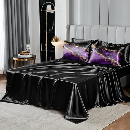 Purple Satin Comforter Set Gray Marble Bedding King Purple Marble Stone Bedroom Decor Artwork Abstract Comforter Silk Like Silky Bed in A Bag with Comforter and Sheets