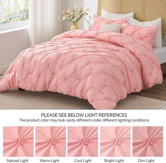 BEDELITE Pink Queen Comforter Set - 3 Pieces Boho Pintuck Bedding Comforter Sets, Lightweight Soft & Warm Bed Comforter with 2 Pillowcases for All Season,Valentines Day | Valentines Day, Multiple color, Modern Comforter, High Quality