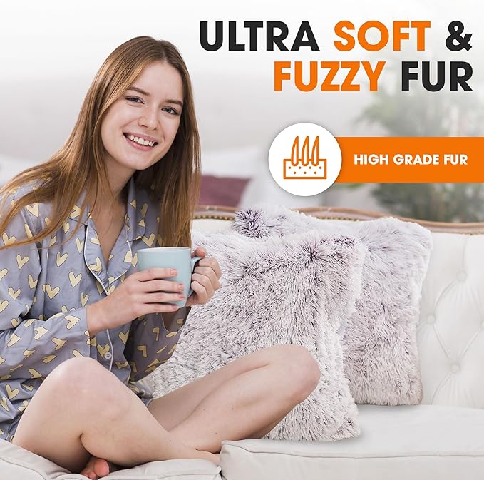 Cheer Collection Throw Pillows for Couch and Bed, Soft Shaggy Throw Pillows with Inserts Included, Cozy Long Hair Faux Fur Pillows - Set of 2-18" x 18" - Purple