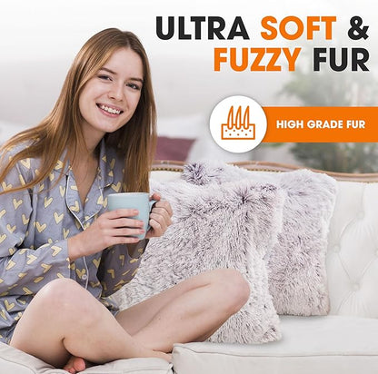 Cheer Collection Throw Pillows for Couch and Bed, Soft Shaggy Throw Pillows with Inserts Included, Cozy Long Hair Faux Fur Pillows - Set of 2-18" x 18" - Purple