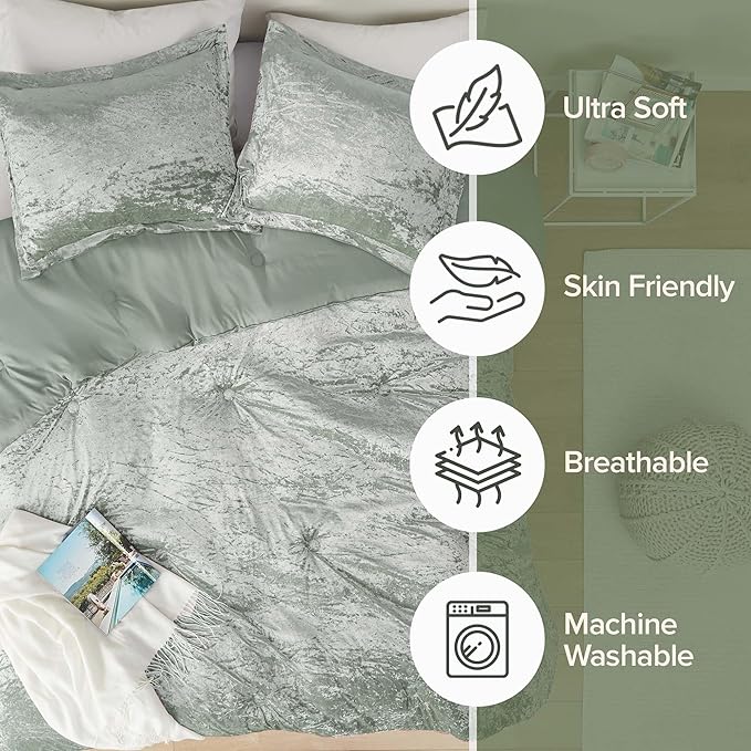Comfort Spaces Luxe King Comforter Set - Velvet Microfiber Reverse, Juliette, All Season Bedding, Fluffy Sham, Sage Green 3 Piece