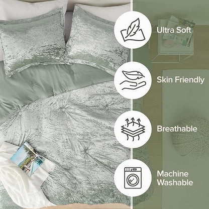 Comfort Spaces Luxe King Comforter Set - Velvet Microfiber Reverse, Juliette, All Season Bedding, Fluffy Sham, Sage Green 3 Piece
