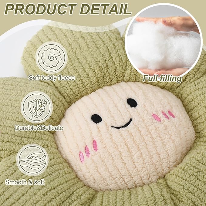 2 Pcs Smile Face Flower Pillows 15" Green Flower Throw Pillows Decorative Daisy Floor Seating Cushion Aesthetic Cute Seat Cushion for Bed Sofa Couch Home Decor Bedroom Living Room Chair