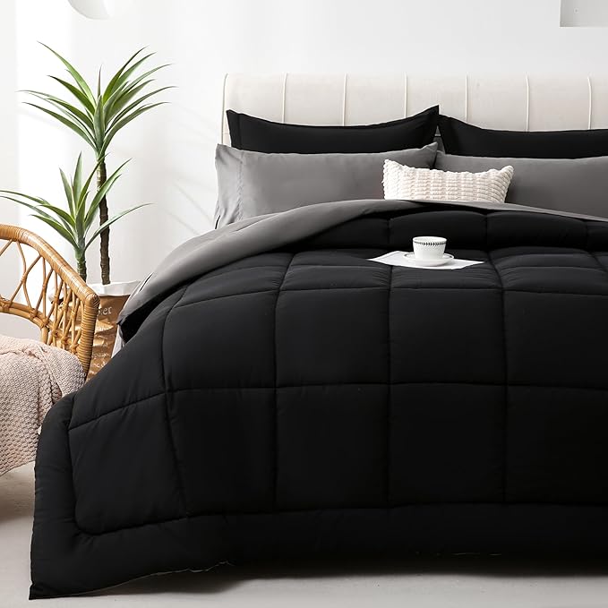 DOWNCOOL Full Size Comforter Sets, 7Pcs Full Size Bedding Sets Black/Grey, All Season Down Alternative Bedding Comforter Sets with Comforter, Flat Sheet, Fitted Sheet, 2 Pillow Shams & 2 Pillowcases