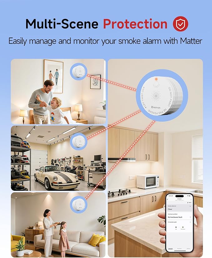 Heiman Matter Smoke Detector, Smart Photoelectric Fire Alarm, Ul217-10th Listed, Battery Powered, Real-Time Notification, Compatible with Smartthings, Home Assistant, Mini Portable for Home RV Travel