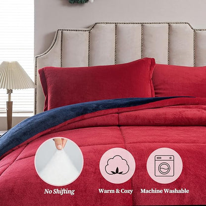 Petrichor Velvet Flannel Queen Comforter Set- Red and Navy Blanket,Luxury Fuzzy Heavy Bedding Set, 3 Pieces Plush Winter Bed Set with Comforter (90"x90") & 2 Pillow Shams (20"x26")