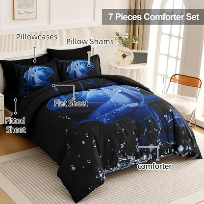 Xruibed Floral Comforter King Blue Bed in a Bag Rose Water Droplets Design 7PCs Comforter Set Soft Micorfiber Bedding Set (1 Comforter,2 Pillow Shams,1 Flat Sheet,1 Fitted Sheet,2 Pillowcases)