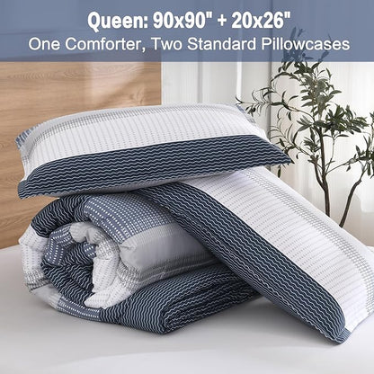 Litanika Queen Comforter Set Black Blue - 3 Pieces Lightweight Fluffy Bedding Comforter Sets, All Season Down Alternative Comforter (1 Comforter, 2 Pillowcases)