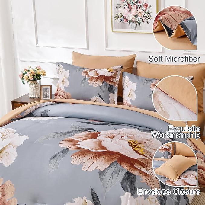Dobuyly Floral Comforter Set Queen, Brown Flower Printed on Grey Comforter Set with Sheets, 7 Piece Botanical Bed in a Bag, Soft Microfiber Farmhouse Bedding Set for All Season