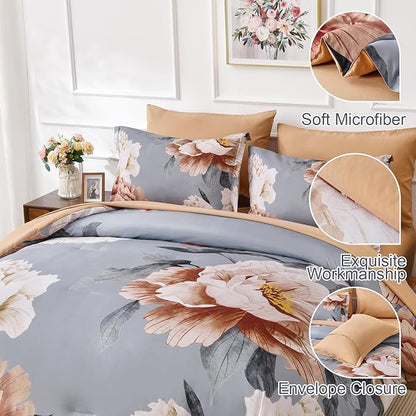 Dobuyly Floral Comforter Set Queen, Brown Flower Printed on Grey Comforter Set with Sheets, 7 Piece Botanical Bed in a Bag, Soft Microfiber Farmhouse Bedding Set for All Season